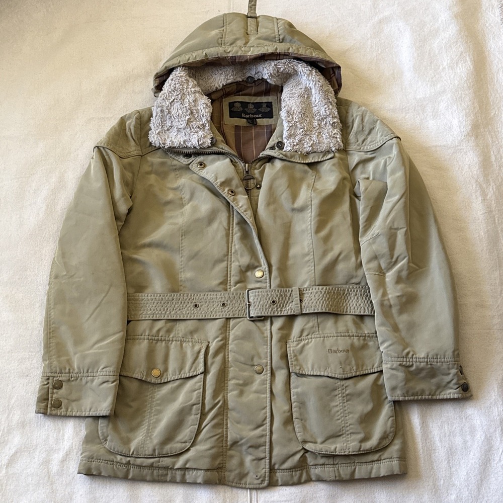 Barbour International Women's Belted Polarquilt Jacket – Tan Size 12 USA